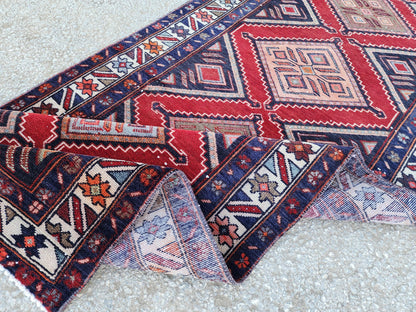 Vintage Hand Woven Rug 3x10: Red and Navy Blue, Persian Geometric Design