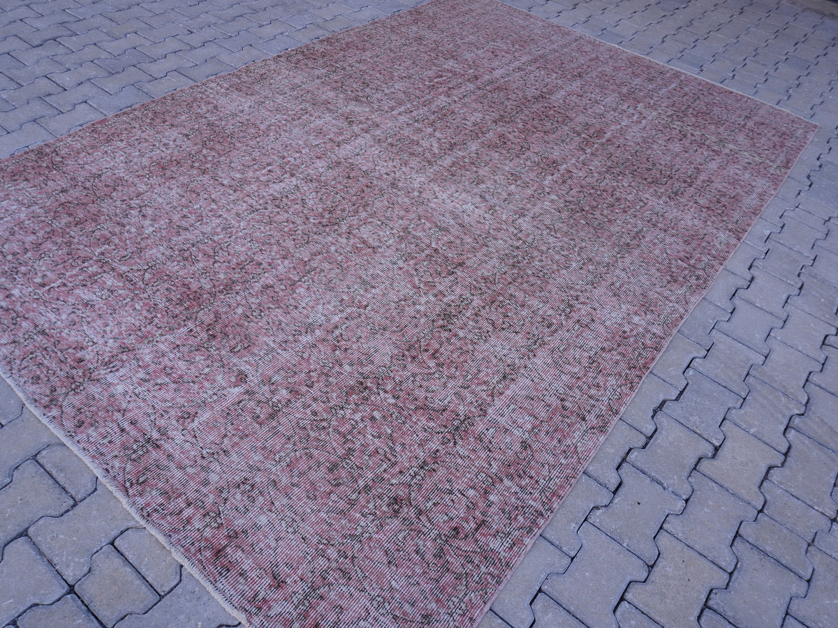 Handwoven Turkish Rug 7x10: Faded Red Wool & Cotton, Dining Room Decor