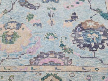 9x10 Oushak Rug: Pastel Blue Floral Up Cycled Wool Carpet, Vintage Boho Style,