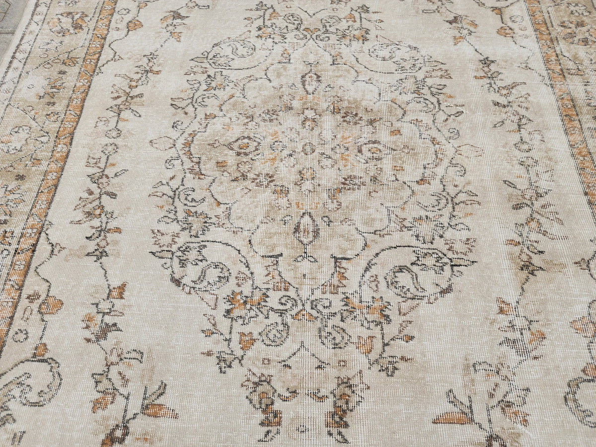 Turkish Rug 6x9, Neutral Medallion Hand Made, Living Room Area Decor