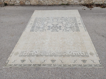 Beige Vintage Rug, 9×12, Hand-Knotted Oriental, Traditional Turkish Living Room Carpet