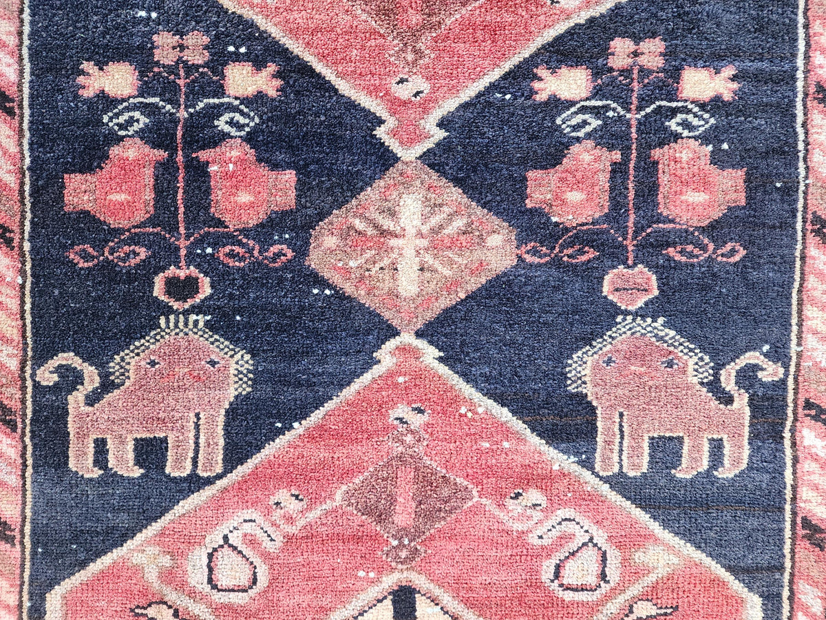 Vintage Wool Runner Rug: Animal Design, Navy Blue and Faded Red