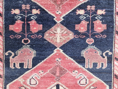 Vintage Wool Runner Rug: Animal Design, Navy Blue and Faded Red