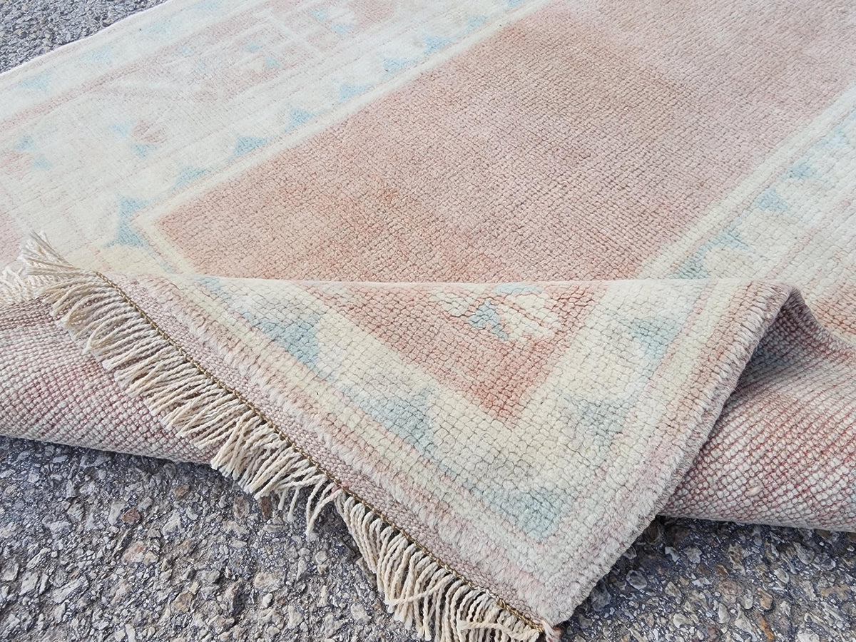 2x4 Mini Runner Rug, Oriental Hand Made Carpet For Boho Decor, Beige and Faded Red