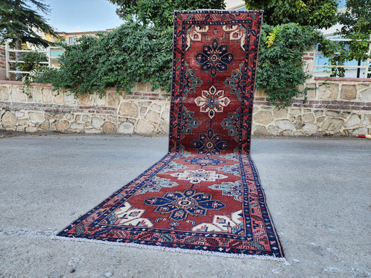 3x13 Vintage Wool Runner Rug: Red and Blue Medallion, Persian Rustic decor