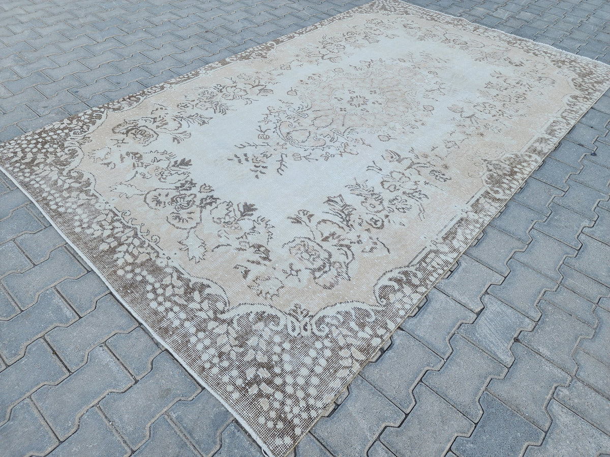 Neutral Wool Rug 6x9, Oriental Turkish Hand Made, Bed Room Decor