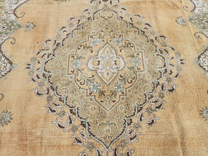 Neutral Rustic Rug 9x12: Medallion Persian Design, Hand Knotted, Rustic Bohemian Decor