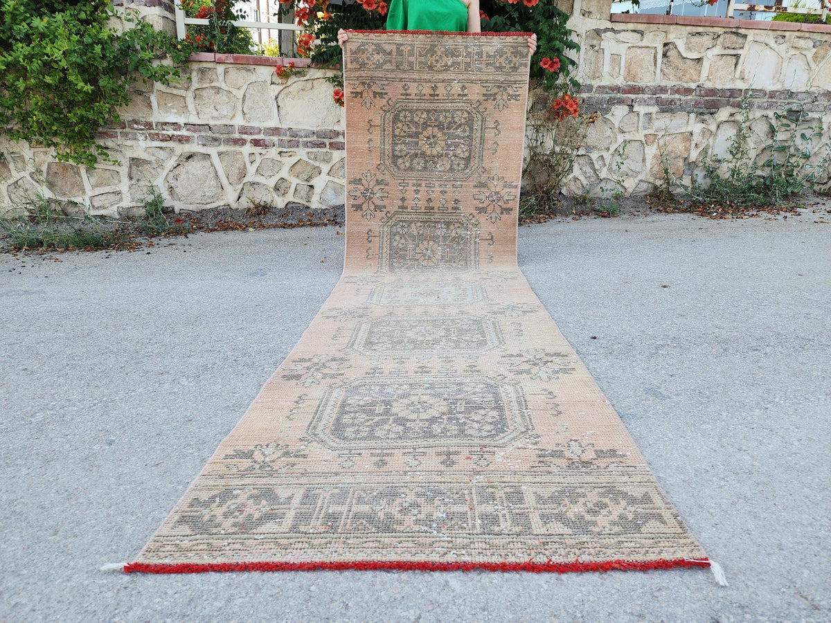 3x10 Turkish Runner Rug, Soft Red Geometric Design, Kitchen Boho Decor