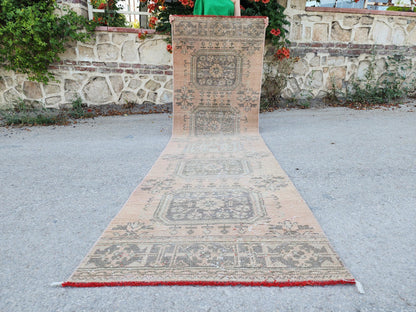 3x10 Turkish Runner Rug, Soft Red Geometric Design, Kitchen Boho Decor