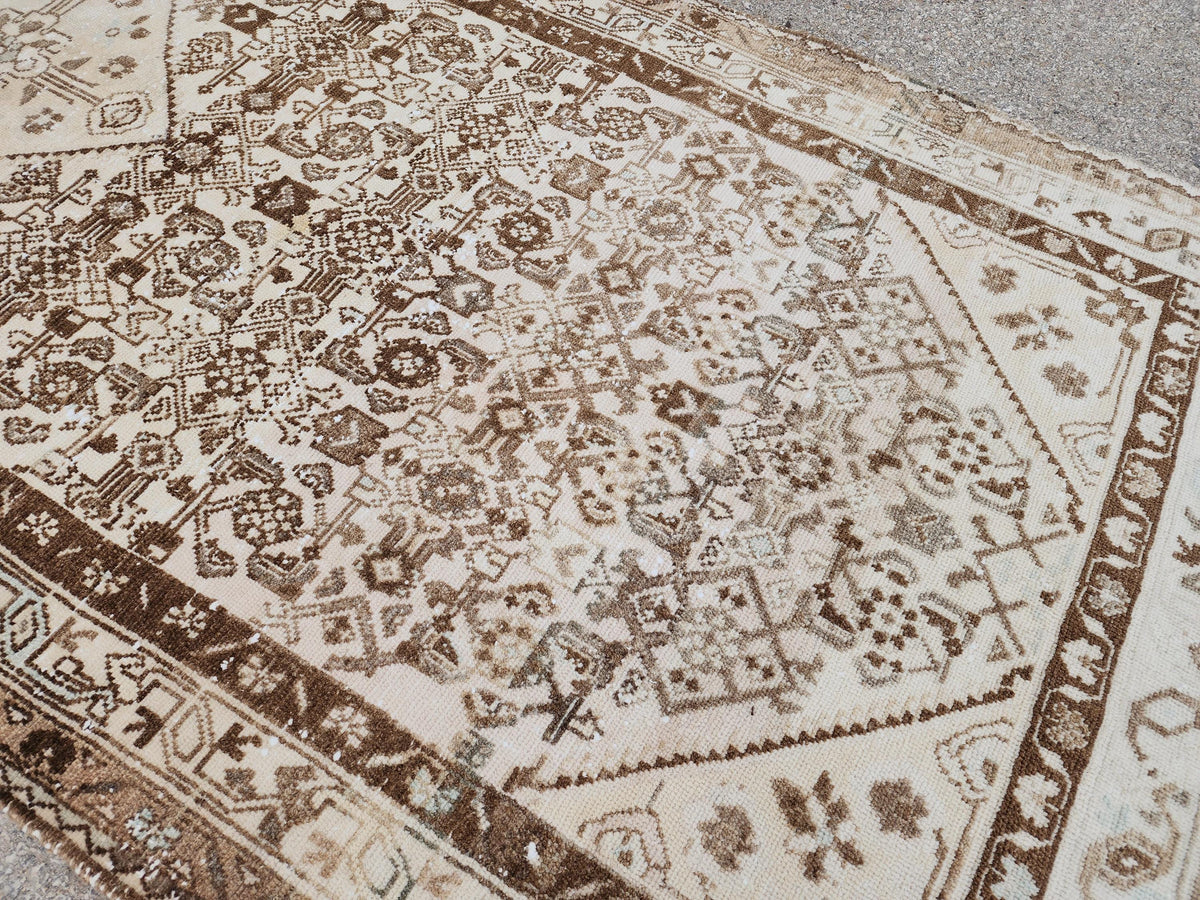 4x10 Neutral Brown Runner Rug, Hand Knotted Rustic Decor, Persian Boho Design
