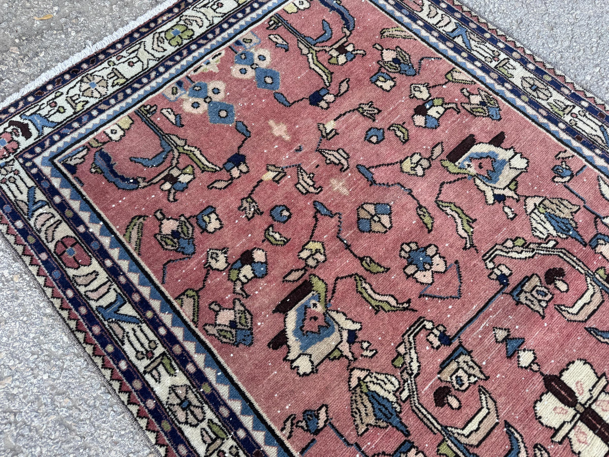 3x9 Tribal Persian Rug: Hand Woven, Faded Red and Black Pattern
