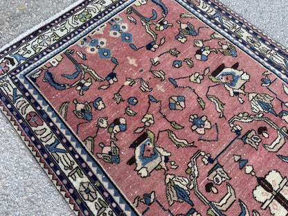 3x9 Tribal Persian Rug: Hand Woven, Faded Red and Black Pattern
