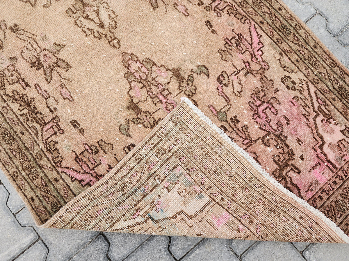 4x10 Wool Runner Rug: Vintage Hand Knotted Beige, Pink, and Brown Floral Design