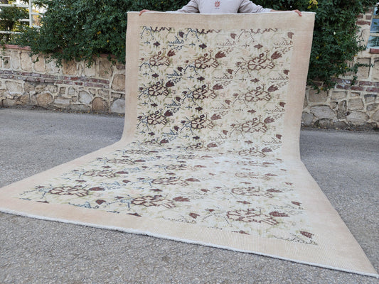 Vintage Neutral Rug 6x9: Turkish Hand Knotted, Rustic Decor