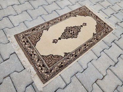 Vintage Turkish Oushak Rug 1x3: Beige Ottoman Wool Rug