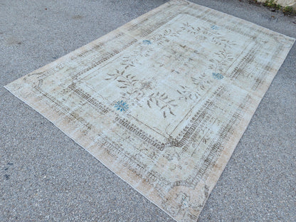 7x10 Hand-Knotted Wool Oushak Rug: Turkish Beige Distressed Carpet
