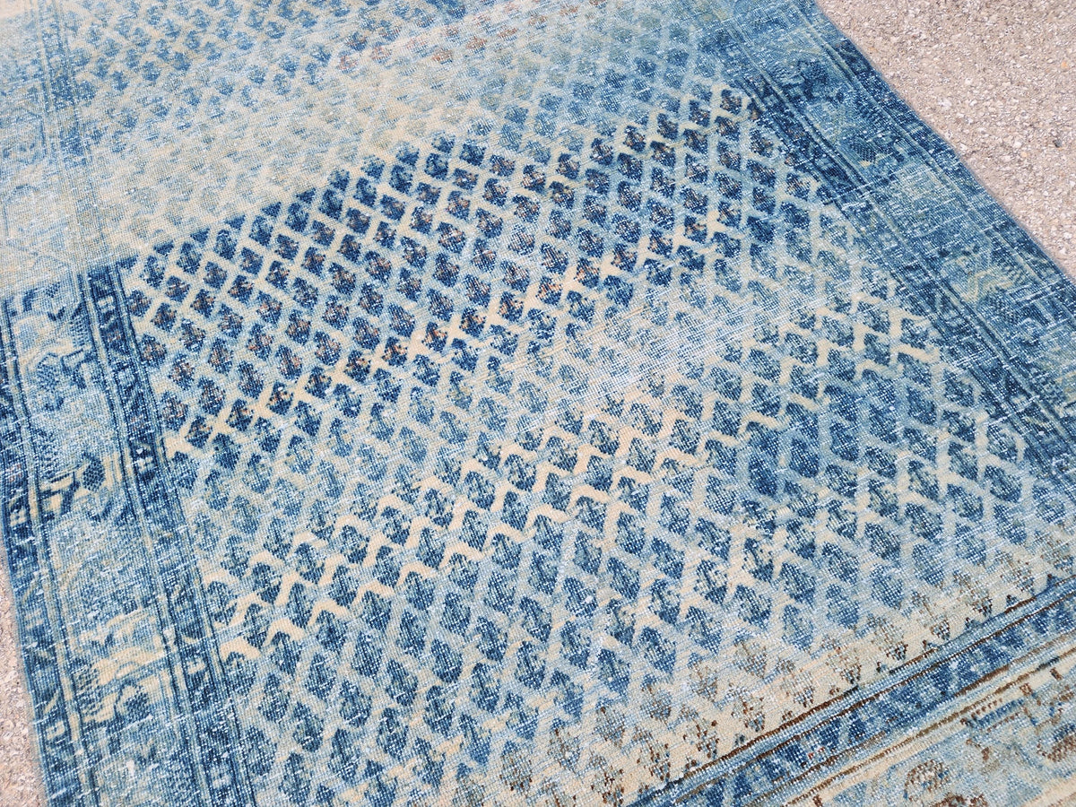 Handwoven Turkish Wool Rug 4x7: Blue Rustic Farmhouse Decor