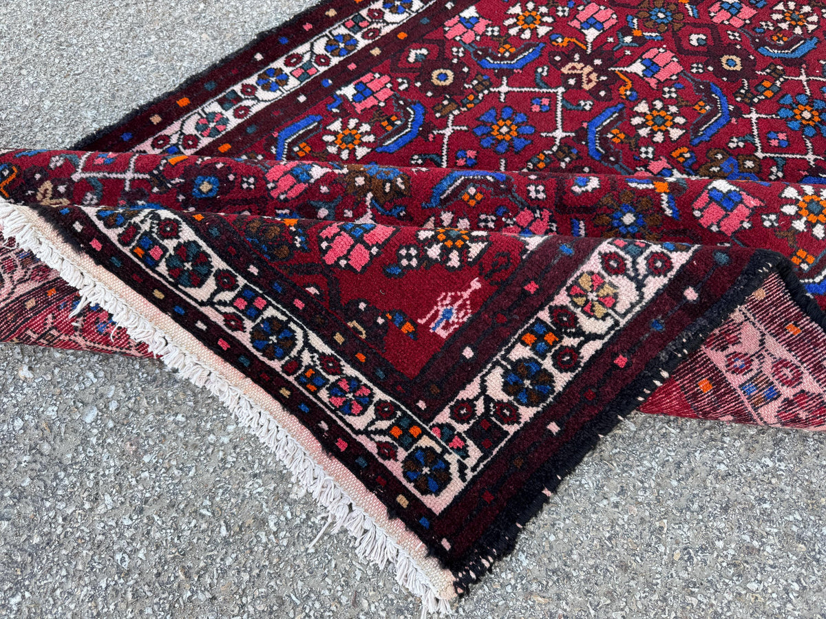 4x9 Oriental Runner Rug: Handwoven Red Wool Hallway with Vintage Floral & Geometric Pattern
