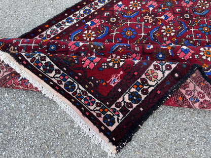 4x9 Oriental Runner Rug: Handwoven Red Wool Hallway with Vintage Floral & Geometric Pattern