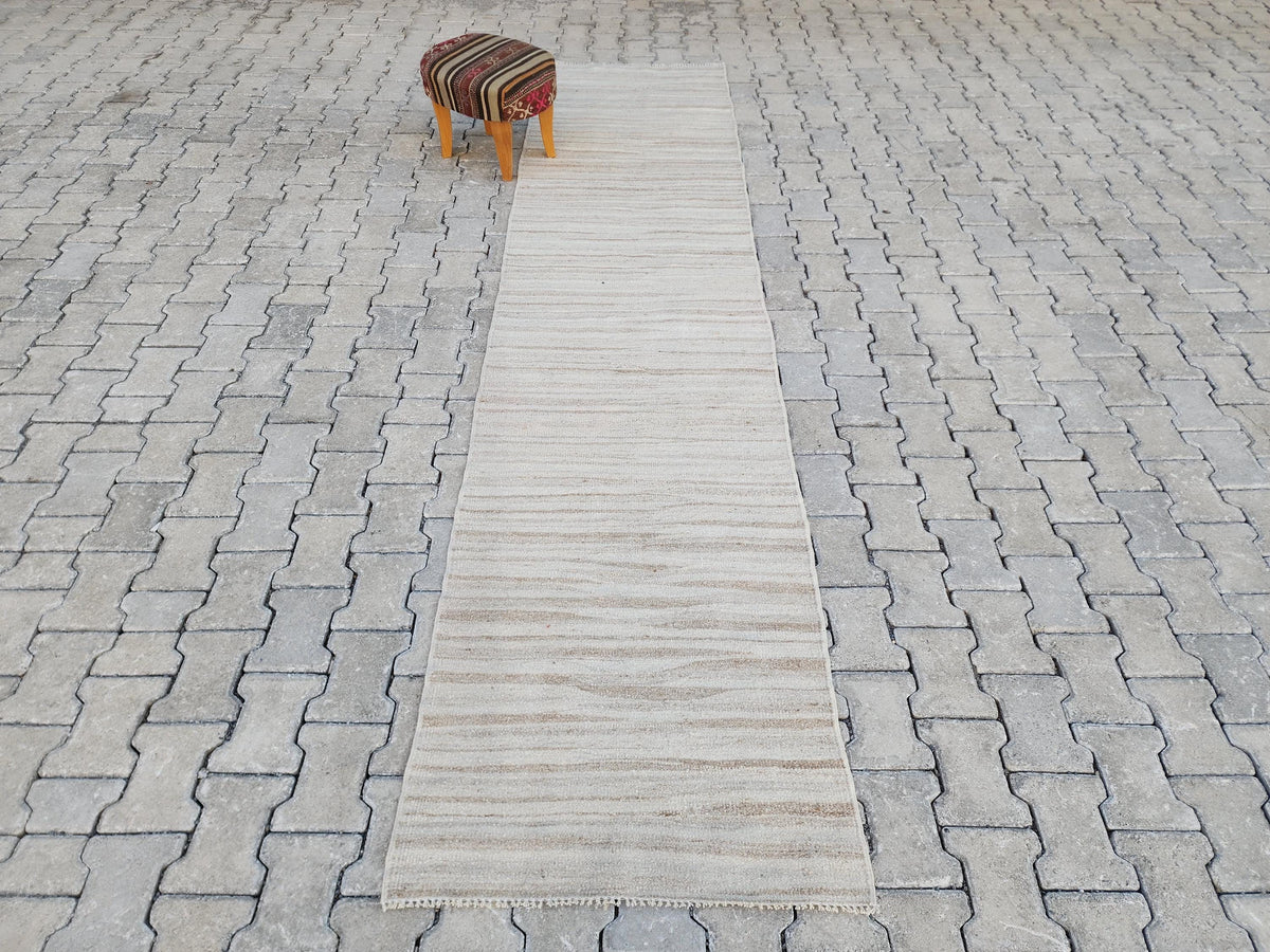 Hand Knotted Turkish Kilim Runner 2.7x11: Neutral Wool Rug