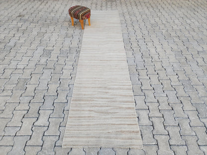 Hand Knotted Turkish Kilim Runner 2.7x11: Neutral Wool Rug