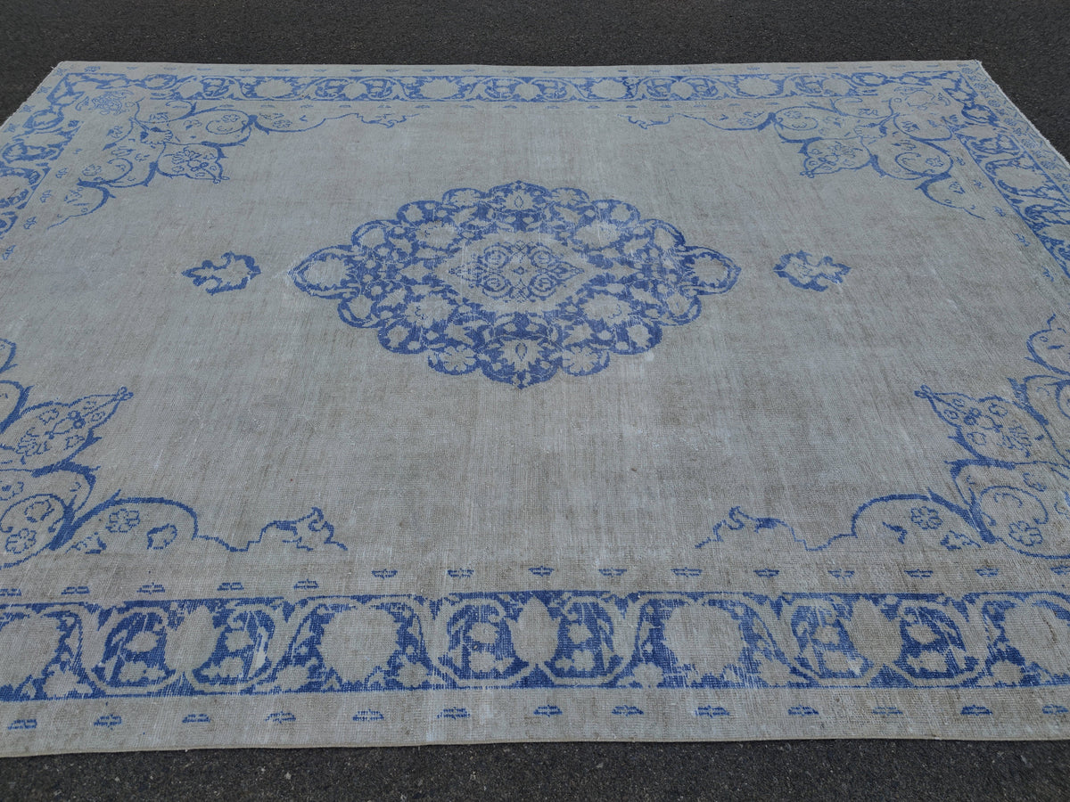 9x13 Blue Medallion Turkish Oushak Rug: Hand-Knotted Wool Vintage Rug