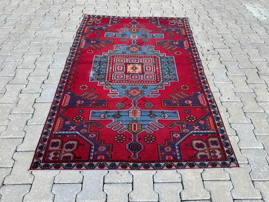 Vintage Red Wool Rug 4x6: Handwoven Turkish Boho Decor