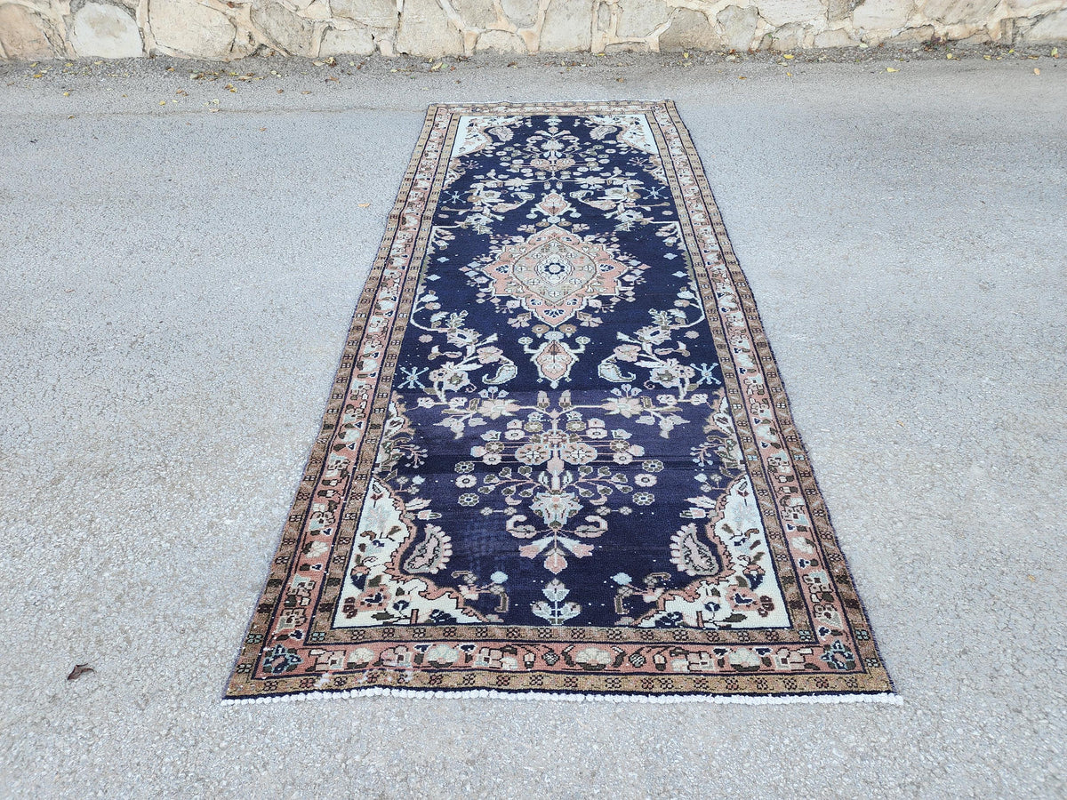 4x9 Hand Made Runner Rug: Navy Blue, Home Rustic Entry Decor