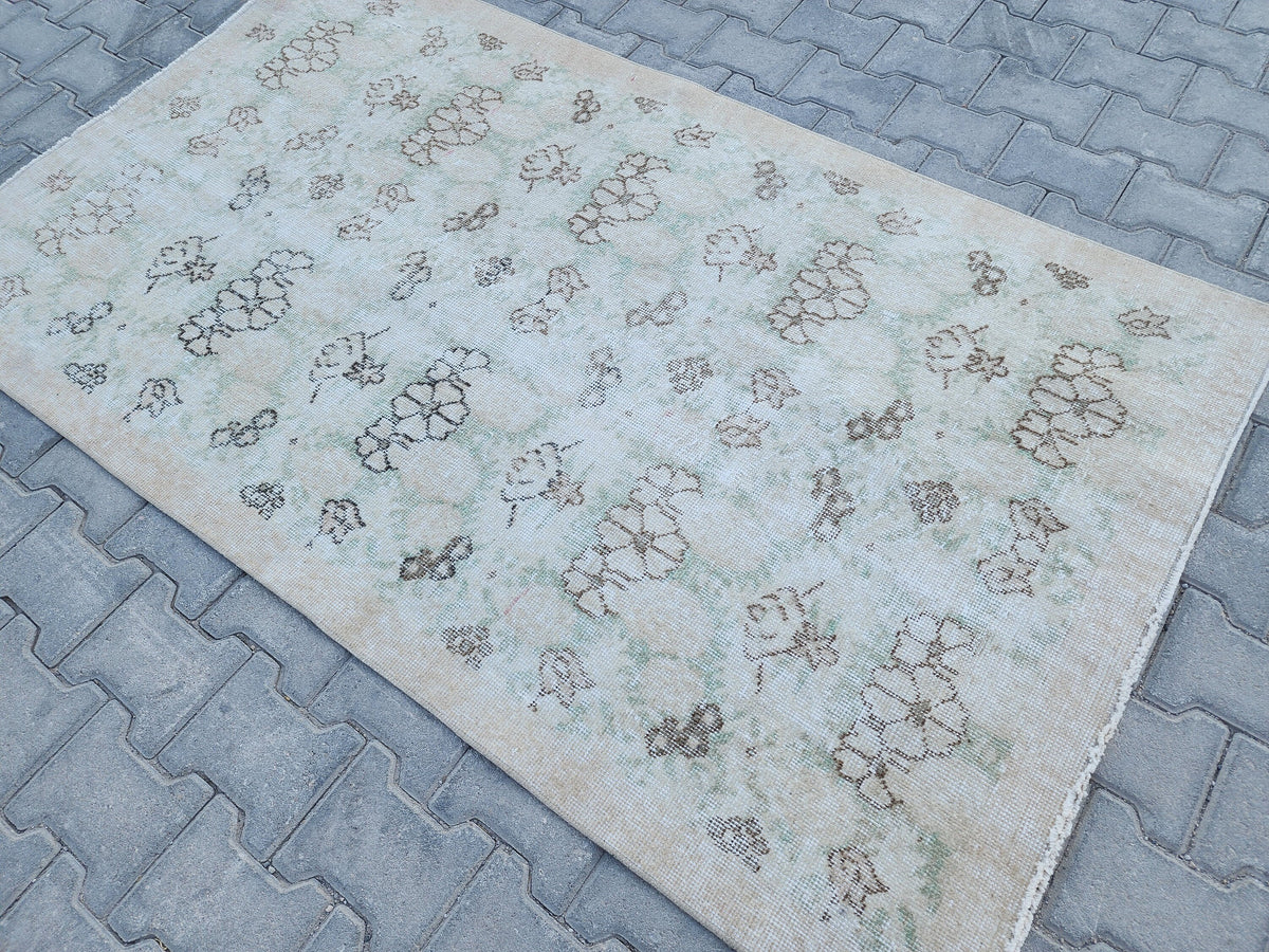 Handwoven Turkish Oushak Rug 4x6: Green Wool & Cotton Vintage Rug