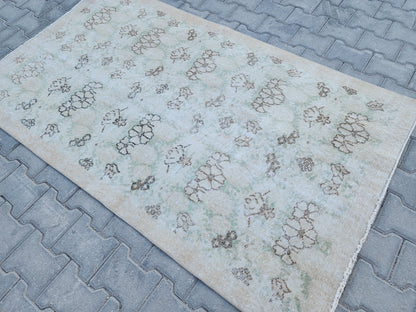 Handwoven Turkish Oushak Rug 4x6: Green Wool & Cotton Vintage Rug