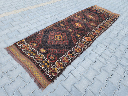 3x9 Vintage Herki Wool Runner Rug: Turkish Bohemian Hallway Rug