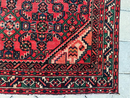 4x7 Vintage Turkish Rug: Red Oushak Handmade Small Rug
