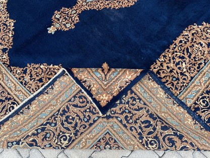 10x13  Vintage Wool Rug, Hand Knotted Turkish Oriental, Neutral Blue Carpet