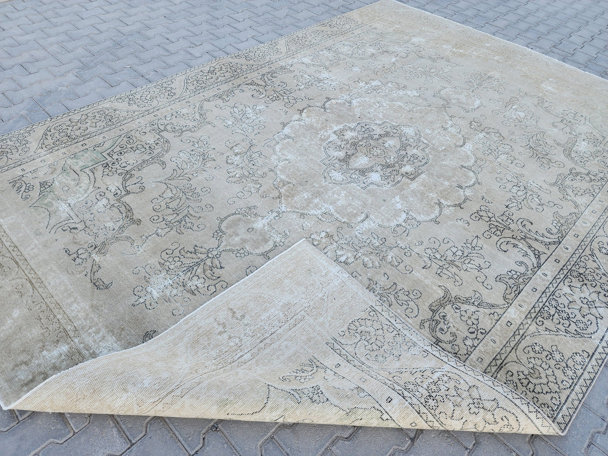 Vintage Oriental Rug 9x12: Beige And Brown Wool, Medallion Persian Border Design, Hand Knotted