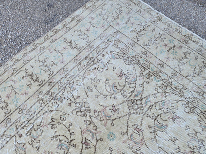 7x10 Vintage Oushak Rug: Hand-Knotted Wool, Distressed Beige Carpet