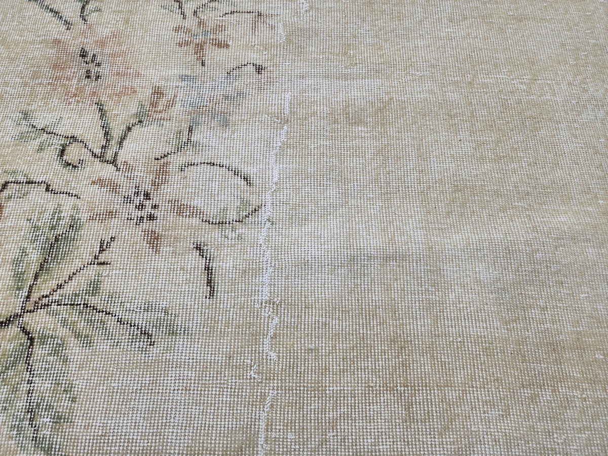 Handwoven Wool Oushak Rug 4x6: Green & Neutral Turkish Design