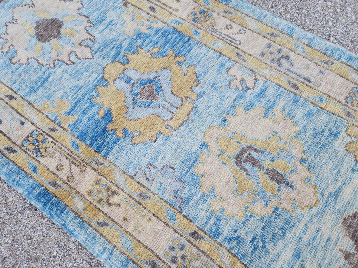 Oushak Wool Runner 3x11: Patina Blue Turkish Entry Rug, Oriental Home Decor