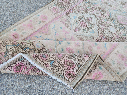 Vintage Neutral Runner Rug 3x9: Hand Knotted, Pink And Brown