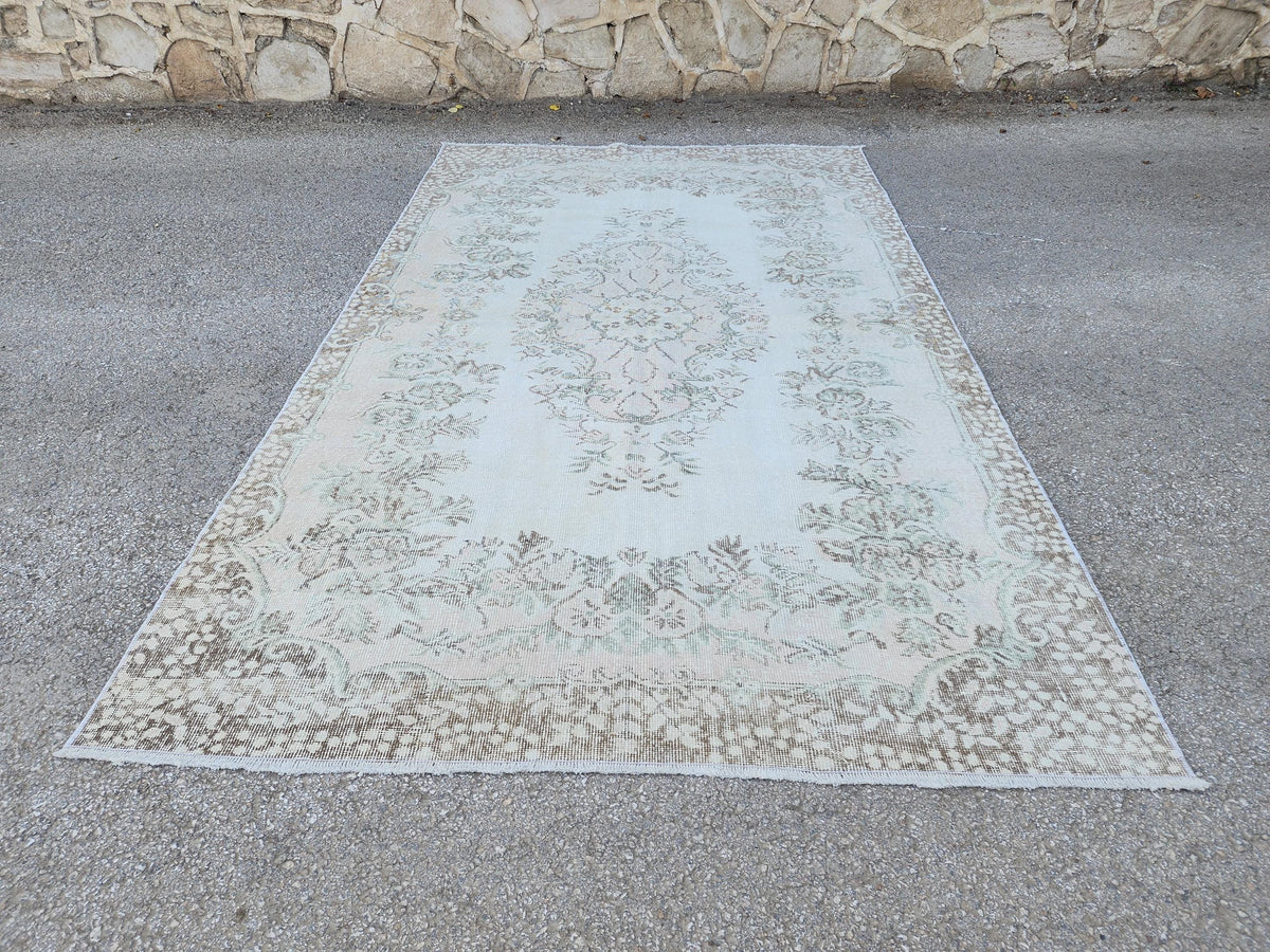 6x10 Vintage Rug: Gray Medallion Oriental Design, Neutral Living Room Interior