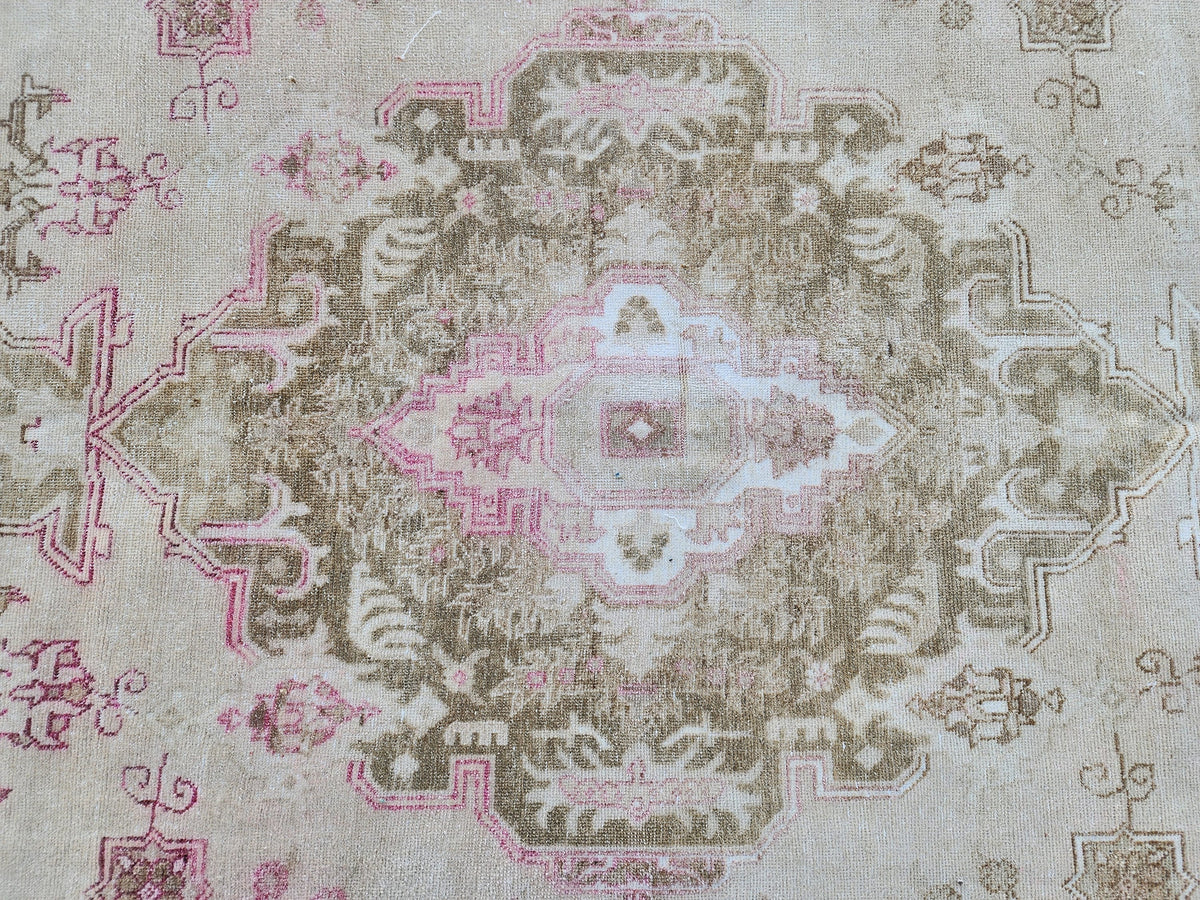 Hand Knotted Wool Vintage Rug: 10x13 Neutral Pink Cream Oversized Area Rug