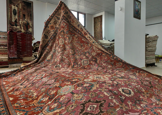 Antique Vintage Rug 11x14: Rustic Heriz Wool Design, Living Room Decor