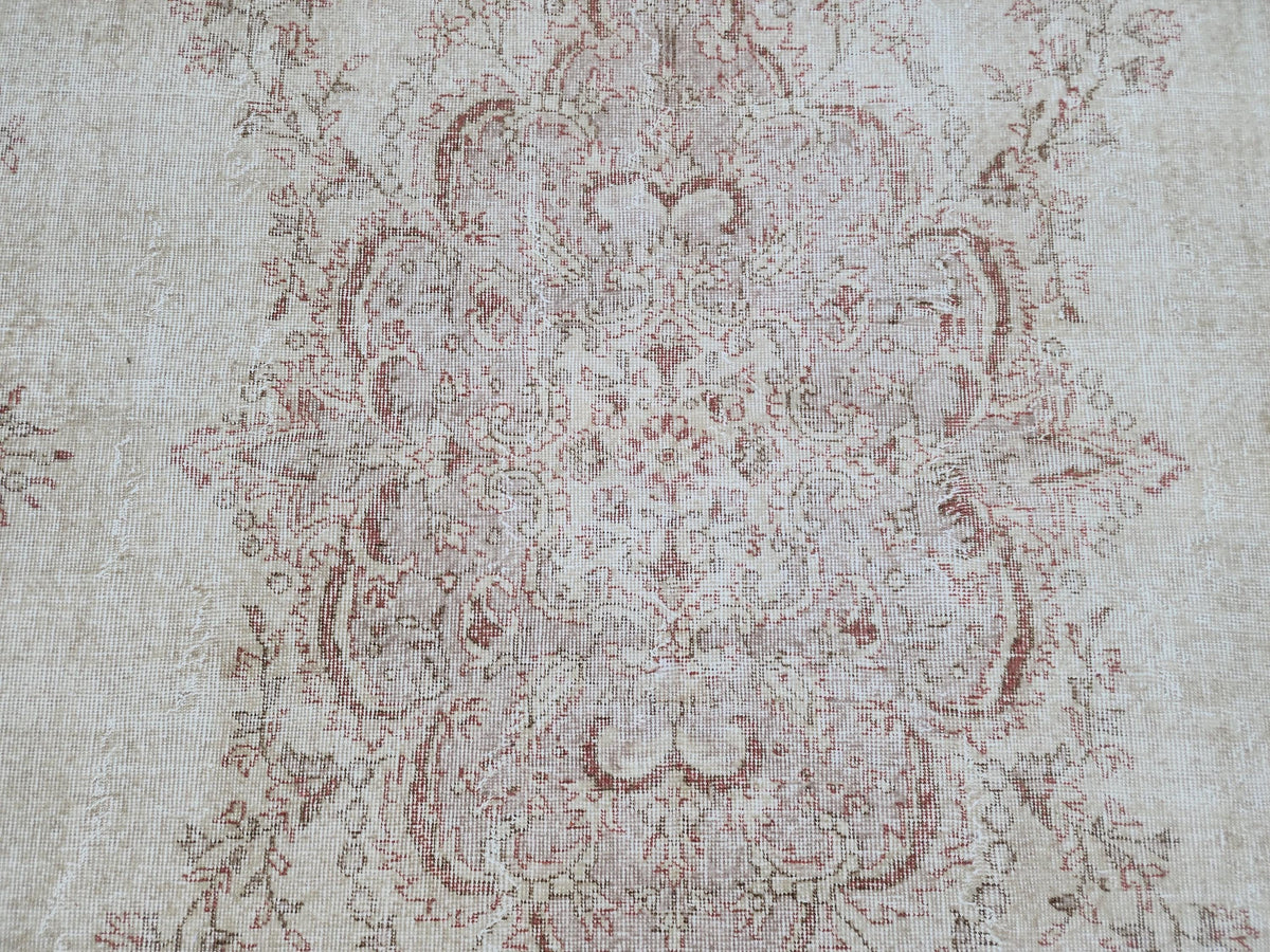 7x10 Medallion Oushak Rug: Turkish Hand Knotted, Farmhouse Beige and Faded Red Rug