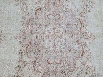 7x10 Medallion Oushak Rug: Turkish Hand Knotted, Farmhouse Beige and Faded Red Rug