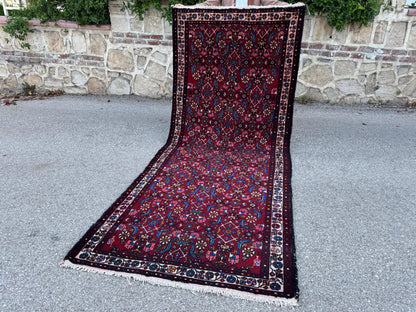 4x9 Oriental Runner Rug: Handwoven Red Wool Hallway with Vintage Floral & Geometric Pattern