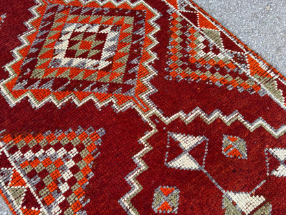 3x13 Long Herki Runner Rug: Vintage Handwoven Wool Orange and Brown Tribal Geometric Design