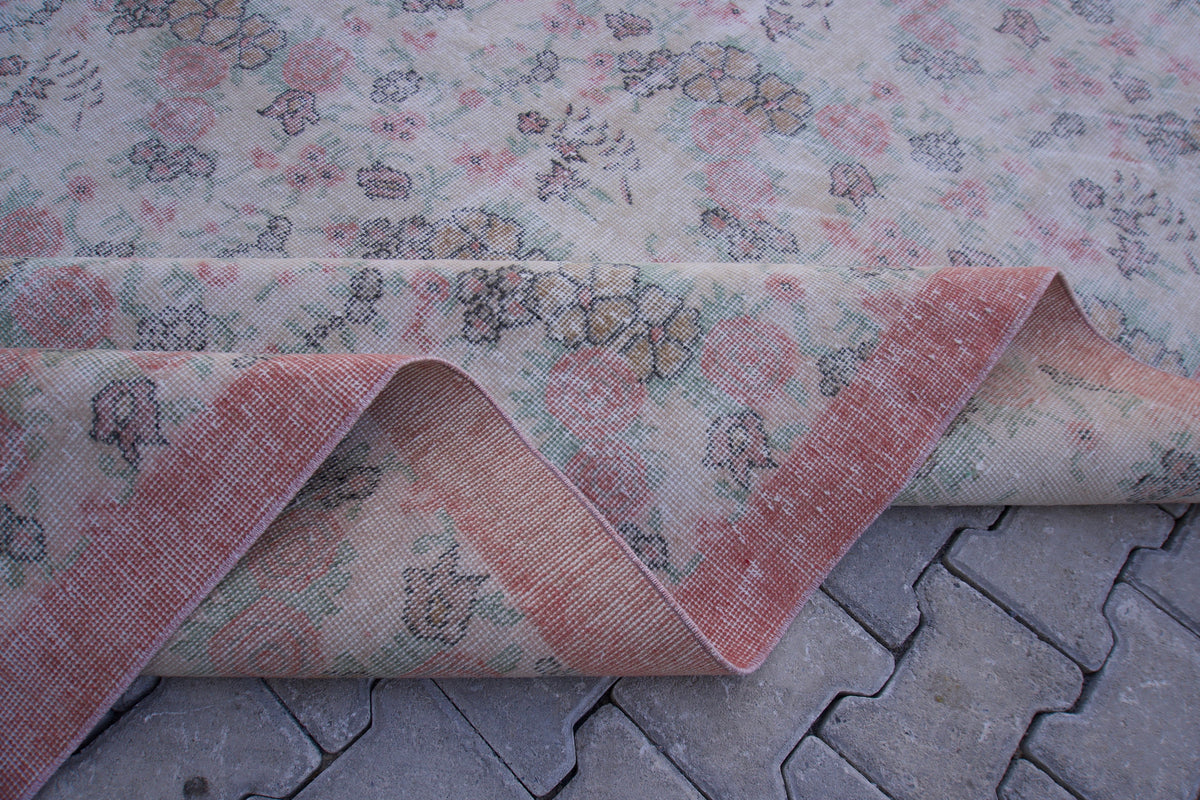 7x10 Neutral Rug, Hand Woven Beige and Faded Red Wool, Living Room Decor