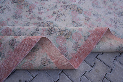 7x10 Neutral Rug, Hand Woven Beige and Faded Red Wool, Living Room Decor