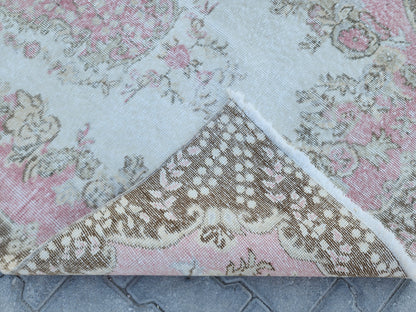 Handwoven Turkish Oushak Rug 4x7: Pink Rose Wool Rug
