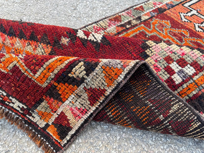 2x11 Runner Rug: Vintage Wool in Maroon and Orange with Geometric Tribal Pattern