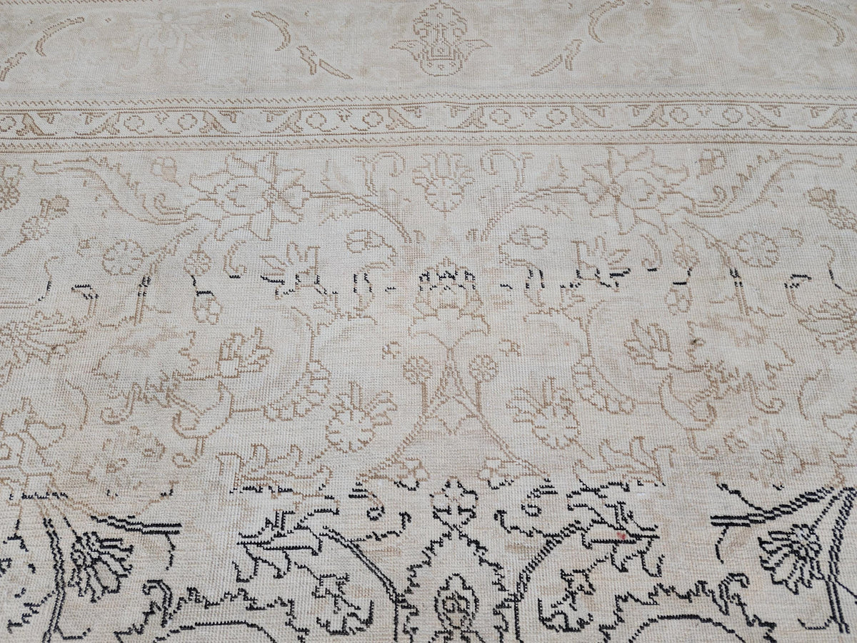 Beige Vintage Rug, 9×12, Hand-Knotted Oriental, Traditional Turkish Living Room Carpet